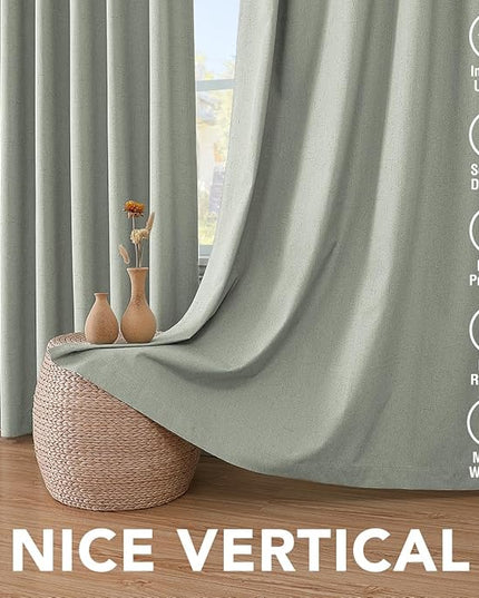 H.VERSAILTEX Bedroom Curtains Blackout, Sage Green Linen Blackout Curtains 84 Inches Long, 100% Blackout Thermal Textured Linen Look Curtain Draperies Grommet with White Liner, 2 Panels