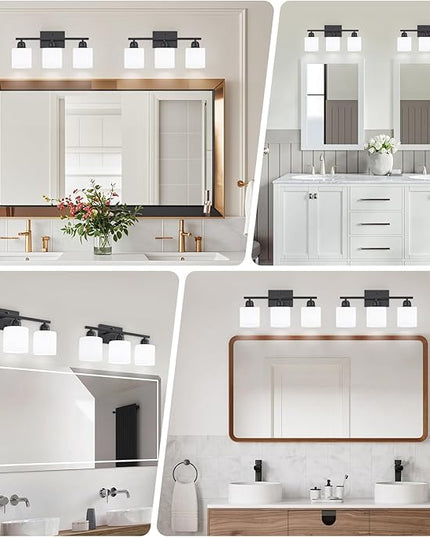 3-Light Bathroom Light Fixtures, Black Bathroom Vanity Lights with Milky White Frosted Glass Shades, Black Vanity Light for Bathroom Mirror, Bedroom, Living Room, Vanity Table, E26 Base