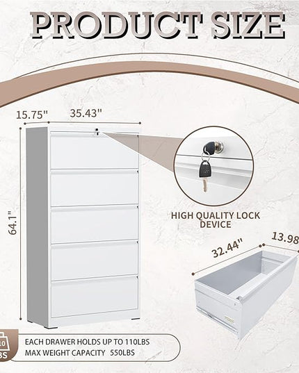 5 Drawer Lateral File Cabinet with Lock, Metal File Cabinet, Lateral File Cabinets for Home Office, Heavy Duty File Storage Cabinet for Legal/Letter/A4 Document, Assembly Required, White