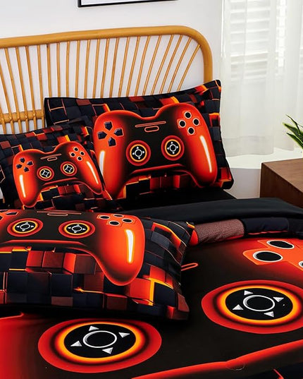 PERFEMET Full Bedding Sets for Boys 6 Pcs Orange Game Kids Bed in A Bag with Sheet Set Lightweight Soft 3D Cool Gaming Bed Set for Teens Bedroom(Orange, Full)