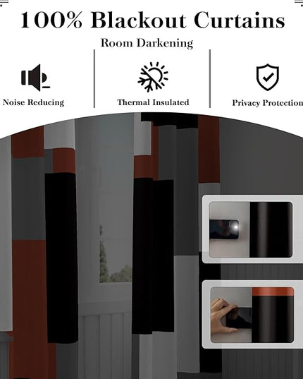 Burnt Orange 100% Blackout Curtains for Bedroom 108 inch Extra Long 2 Panels Set Black Grey Modern Abstract Geometric Black Out Curtains Room Darkening Window Drapes for Living Room, 52Wx108L