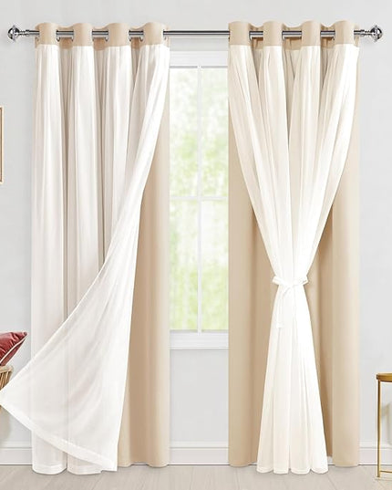 Hiasan Blackout Curtains with Sheer Overlay, Thermal Insulated Mix & Match Double Layer Room Darkening Curtains for Bedroom, Living Room, Nursery, 2 Window Panels Sewn with Tiebacks, Beige, 52W X 84L