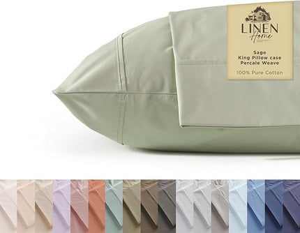 Linen Home 100% Cotton Percale Pillowcases King Size, Sage, 2 Pieces of Pillow Case, Crisp and Cool Strong Bed Linen, 20 inches X 40 inches
