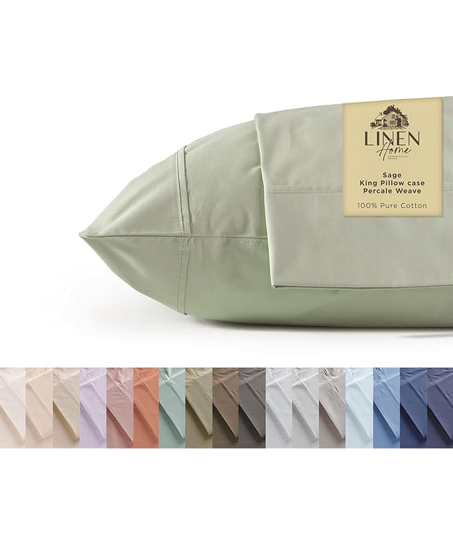 Linen Home 100% Cotton Percale Pillowcases King Size, Sage, 2 Pieces of Pillow Case, Crisp and Cool Strong Bed Linen, 20 inches X 40 inches