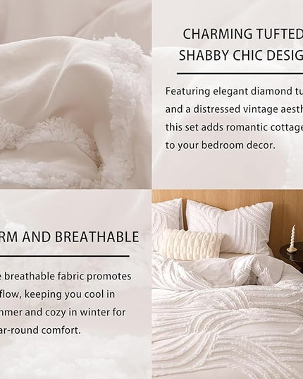 Ivory Full Comforter Set - 7 Pieces Bed in a Bag, Premium Comforters Full Size Bed Set Tufted Shabby Chic Bedding Comforter Set with Flat Sheet, Fitted Sheet and Pillowcases,White