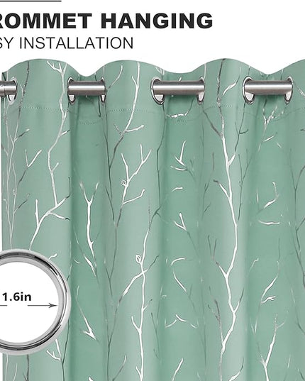 BUHUA Black Out Curtains 84 Inch Long 2 Panels, Soundproof Curtains with Elegant Silver Tree Branches Print, Heat Blocking Curtains for Livingroom, 66W x 84L, Greyish White