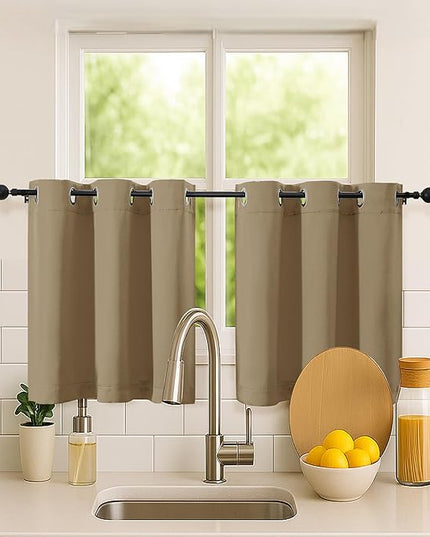 Simplebrand Taupe Short Kitchen Curtains 24 Inch Length 2 Panels Set, Small Windows Room Darkening Curtain for Bathroom, Cabinet, Basement, RV Camper, Thermal Insulated Short Drapes, 40 x 24 Inch