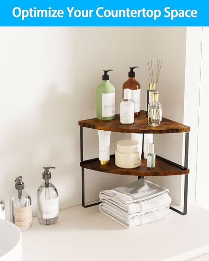 Corner Shelf Countertop Organizer - Set of 2 Corner Shelves for Kitchen Cabinet Organizer, Spice Rack, Stackable Bathroom Organizers and Storage, Sink Rack, Corner Cabinet, Counter Decor, Rustic Brown
