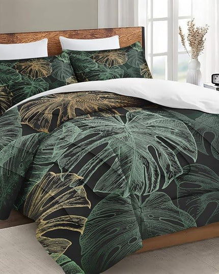 Twin Size Comforter Set with Pillowcase, Green Tropical Leaves 2 Pcs Bedding for Kids and Adults, Monstera Palm Leaf Soft Comforter Set for Bedroom Bed Decor