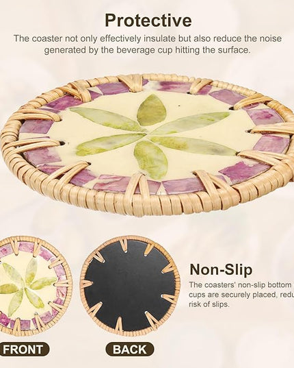 uxcell 2Pcs Handmade Woven Rattan Coasters, Heat-Resistant Drink Coasters for Coffee Table Dining Room Kitchen Coffee Wine Decor, Light Green Petal