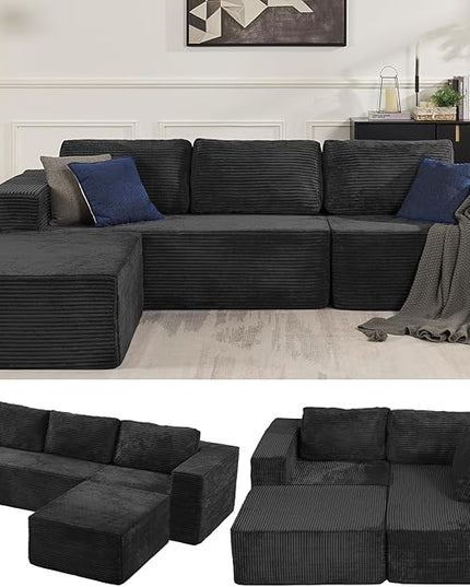 106" 3-Seater Sofa, Cloud Modular Sofa with Certified Foam, Upholstered Floor Sofa with Deep Seat, Upholstered Sofa for Bedroom Living Room, No Assembly Required (Plush Corduroy Fabric, Black)