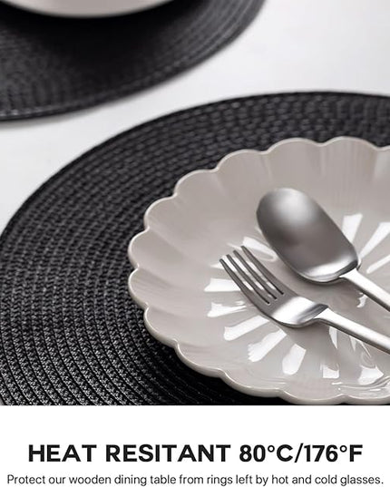 Round Placemats Set of 12 Plastic Woven Placemats Washable Wipeable Table Mats for Dining Table Heat Resistant Non-Slip Circle Place Mats (Black)
