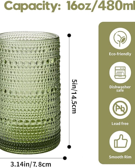 Vintage Hobnail Drinking Glasses Set of 12, 16 oz Large Capacity Embossed Green Tumblers, Highball Glasses for Water, Cocktail, Beer, Whiskey, Kitchen & Bar Use