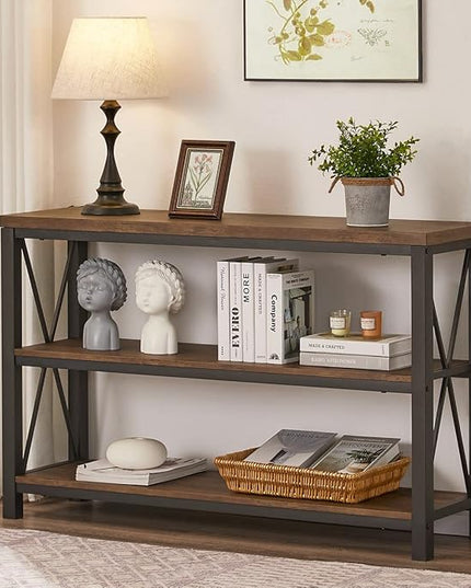 BON AUGURE Rustic Console Table Behind Couch, Industrial Entryway Table with Shelves, Farmhouse 3 Tier Sofa Tables for Living Room, Entry, Hallway (47 Inch, Rustic Oak)