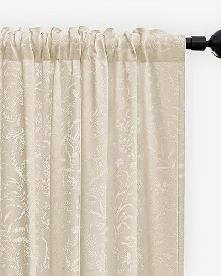Anmao Taupe Semi Sheer Light Filtering Curtains 84 Inches Long 2 Panels, Leaf Pattern Drapes for Living Room Bedroom, Rod Pocket Sheer Window Treatments with Floral Design, 52x84 Inch