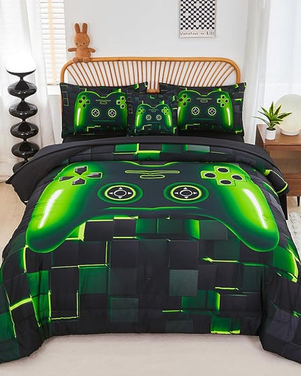 PERFEMET 6 Pcs Gaming Bedding Set Queen Size Green Game Console Kids Bed in A Bag 3D Black Gamer Comforter Set with Sheets for Boys Teen Lightweight Video Gamepad Bedroom Set(Green, Queen)