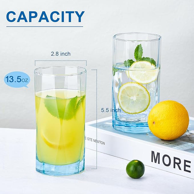 CREATIVELAND Geometric Shapes Glass Drinking Glasses Set of 6, 13.5 OZ Solid Blue Color Glass Tumbler Glassware for Water, Juice, Different Options for Home, Restaurant, Hotel, Bar