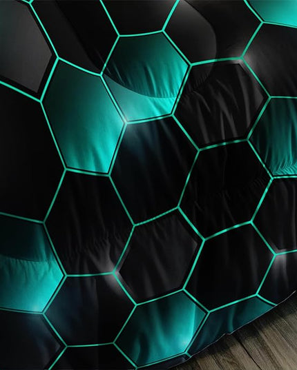 Geometric Black Green Neon Comforter Set,Light Honeycomb 3 Piece Bedding Set Twin for Teen Boys,Modern Bedding Quilt Set Geometry Decor,Microfiber Lightweight 1 Comforter 2 Pillowcases All Season