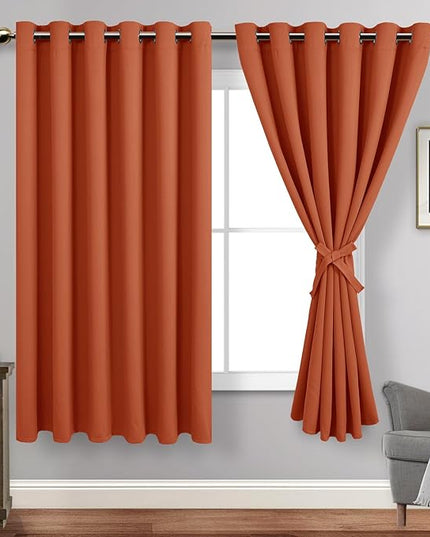 JIUZHEN Caramel Blackout Curtains with Tiebacks Thermal Insulated, Light Blocking and Noise Reducing Grommet Curtains for Bedroom and Living Room, Set of 2 Window Curtain Panels, 70 x 63 Inch Length