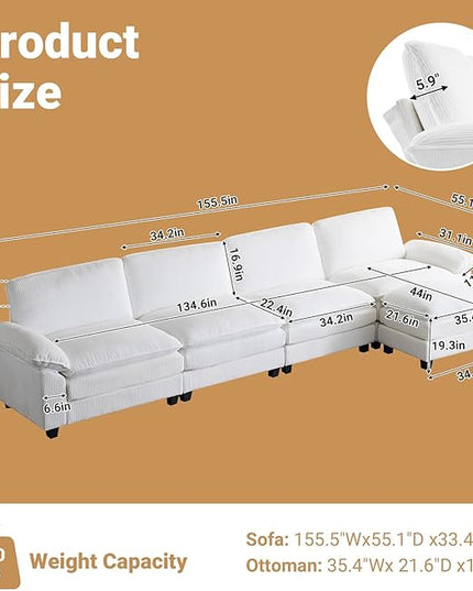 VINGLI 156" Cloud Corduroy Sectional Sofa, Comfy L-Shaped Extra Deep Seat Sofa Couch for Living Room,Modern 4-Seat Convertible Loveseat Sofa with Ottoman for Small Space(White)