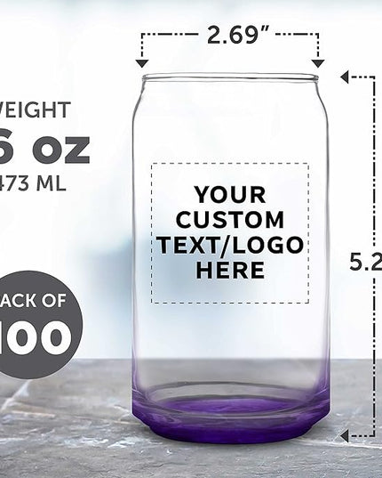 Custom Beer Can Glasses Set of 100, 16 oz. Pint Sized, Promotional Text, Logo, Soda Can Shape, Glassware, Purple