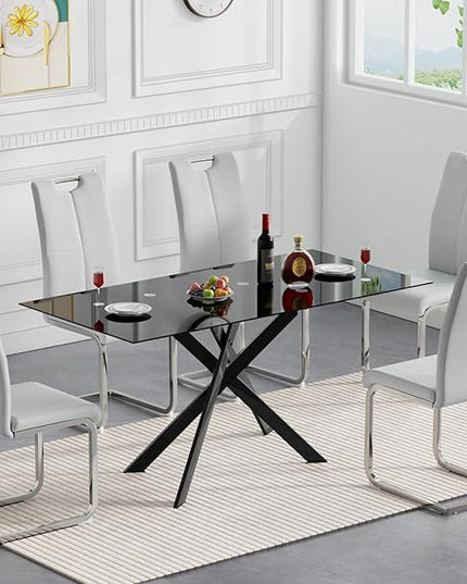 7 Piece Glass Dining Table Set, Glass Kitchen Dining Room Table Set for 6, Modern 51" Rectangular Black Glass Metal Dining Table with 6 Grey Leather Dining Chairs for Kitchen Dining Room