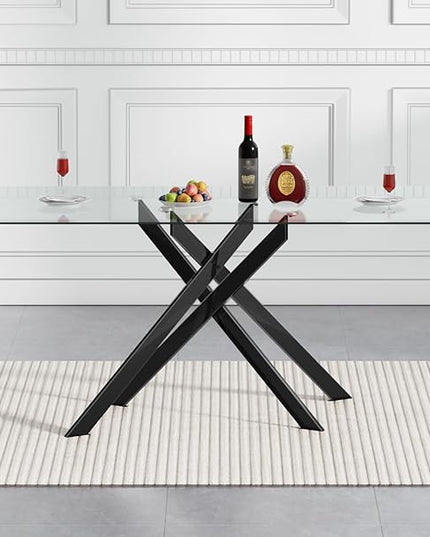51" Rectangular Glass Dining Table Modern Kitchen Glass Top Table for 4 with Black Metal Legs, Clear Dining Table Kitchen Table for Home Office Dining Room