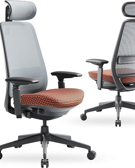 COLAMY Ergonomic Office Chair, Mesh Desk Chair with High Back, Lumbar Support, Adjustable Headrest and 4D Arms, Slide Seat, Tilt Lock-Coral