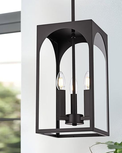 VINLUZ Modern Oil Rubbed Bronze Chandelier 3 Light Dining Room Light Fixture with Clear Glass Shade Industrial Outdoor Pendant Lights for Entryway Hallway Porch