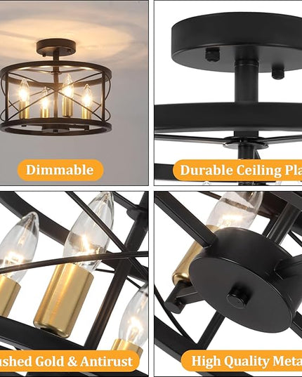 TOULMJ 4-Light Semi Flush Mount Ceiling Light, Black Gold Ceiling Light Modern Hallway Light Fixtures for Kitchen Island Entryway Laundry Room Foyer Dining Room