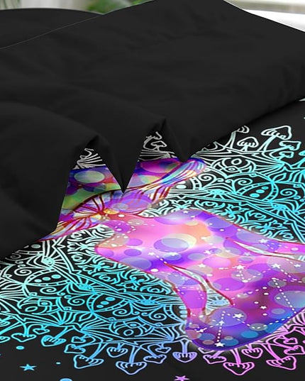 Comforter Set Twin Size, Mushroom Lotus 5 Pcs Bedding for Kids and Adults, Hippie Colorful Mandala Bed Sheet Sets with Fitted Sheet Pillowcase & Sham for Bedroom Bed Decor