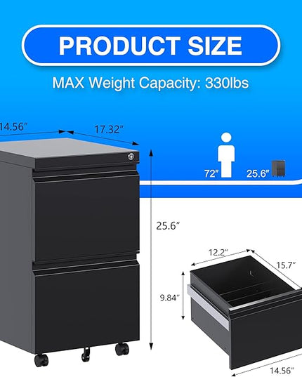 METAN 2 Drawer File Cabinet with Lock, Mobile Under Desk Filing Cabinet for Office Legal/Letter Size, Fully Assembled Except Wheels,Black