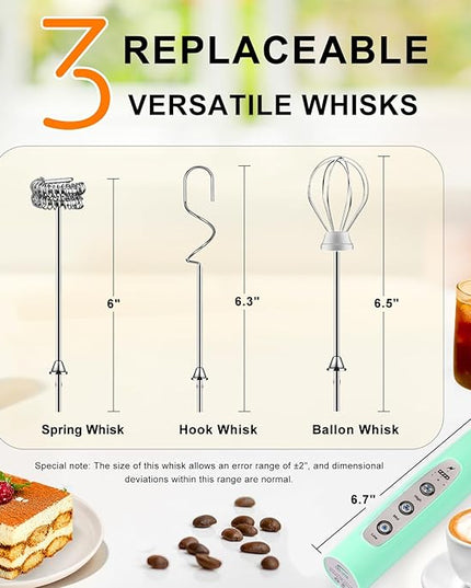 YUSWKO Baby Blue Handheld Milk Frother Wand for Coffee, Rechargeable Electric Whisk with 3 Heads 3 Speeds Drink Mixer Coffee Frother For Latte, Cappuccino, Hot Chocolate, Egg