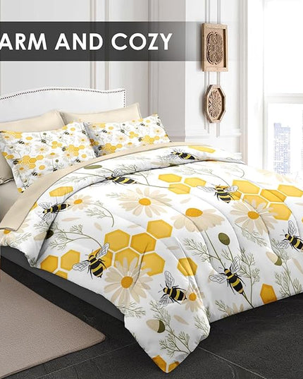 Comforter Set King Size, Bees Honey Flower 7 Pcs Bedding for Kids and Adults, Spring Floral Summer Bed Sheet Sets with Fitted Sheet 2 Pillowcases & 2 Shams for Bedroom Bed Decor