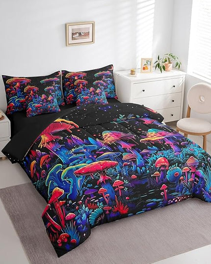 Feelyou Purple Mushroom Comforter Set with Sheets Gradient Mushroom 7 Piece Bedding Set for Kids Boys Girls Botanical Plant Quilt Set Galaxy Star Bed Set Queen Size