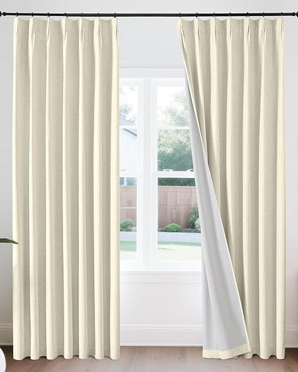 Joydeco 100% Blackout Pleated Curtains, Linen Window Curtains 2 Panel Sets 108 inches Long, Thermal Insulated Darkening Drapes for Bedroom(Linen,40'' Wx108'' L)