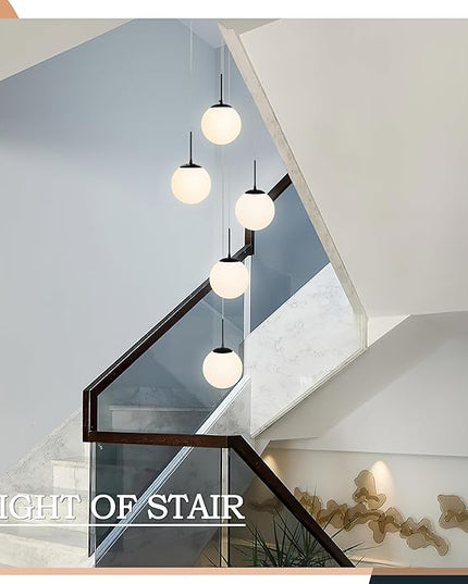KoKo&Yukina 5-Light Globe Glass Pendant Light Adjustable Length Pendant Lights Fixtures Modern Black Chandelier with Milky White Glass Ceiling Lights for Living Room Staircase (Bulb & Remote Incl.)