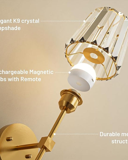 Crystal Battery Operated Wall Sconces Set of 2, Gold Rechargeable Wireless Wall Sconce Lights with Crystal Lampshade, 12 RGB and 3CCT Dimmable Wall Lamps with Remote for Bedroom Living Room Hallway