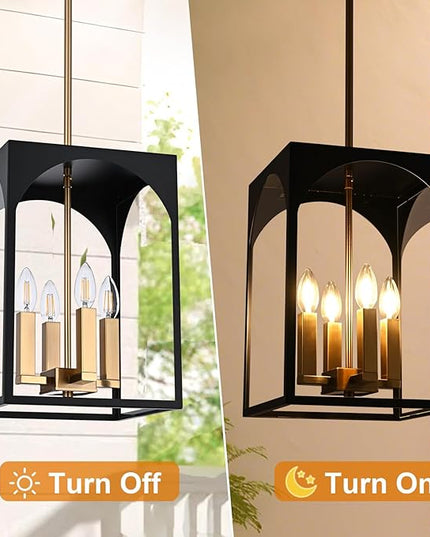VINLUZ Outdoor 4 Lights in Black and Brushed Brass Finish, Metal Indoor Outdoor Pendant Hanging Lantern Lighting with Clear Glass Shade for Balcony Dining Room