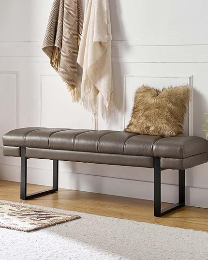HULALA HOME 53" Faux Leather Entryway Bench, Button Tufted End of Bed Bench Ottoman for Bedroom, Living Room with Metal Base, Grey