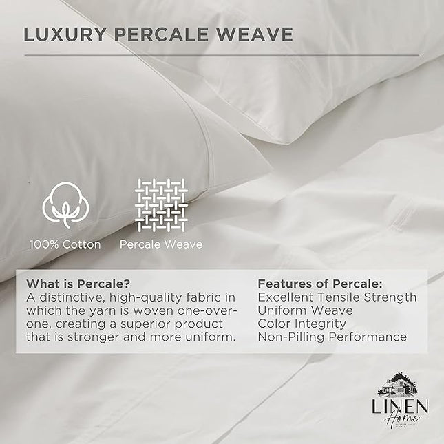 Linen Home 100% Cotton Percale Pillowcases Queen Size, White, 2 Pieces of Pillow Case, Crisp and Cool Strong Bed Linen, 20 inches X 30 inches