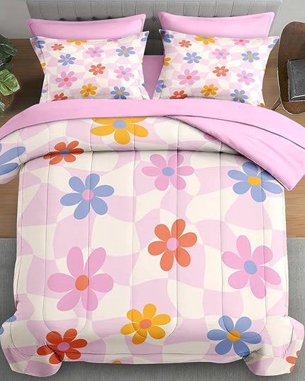 Comforter Set Full Size, Retro Daisy Pink 7 Pcs Bedding for Kids and Adults, Hippie Aesthetic Kids Bed Sheet Sets with Fitted Sheet 2 Pillowcases & 2 Shams for Bedroom Bed Decor