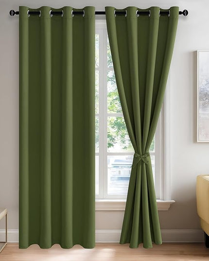 JIUZHEN Olive Green Blackout Curtains for Bedroom - Light Blocking and Noise Reducing Grommet Curtains for Living Room Darkening Curtains, Set of 2 Window Curtain Panels, 52 x 84 Inch Length