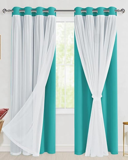 Hiasan Blackout Curtains with Sheer Overlay,Thermal Insulated Mix&Match Double Layer Room Darkening Curtains for Bedroom,Living Room,Nursery,2 Window Panels Sewn with Tiebacks,Peacock Teal,52W X 84L