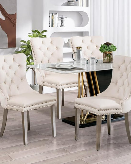 SoarFlash Velvet Dining Chairs Set of 4, Tall Back Side Chair, Modern Upholstered High-end Tufted Side Chair with Button Back Ring, Silver Legs (Beige)
