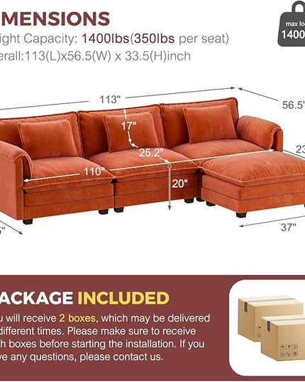 ELUCHANG Oversized 113" Modular Sectional Sofa, Comfy Cloud Couch, L Shaped Deep Seat Sofa Couches for Living Room, 4-Seater Modern Sofa with Movable Ottoman, DIY Combination - Chenille Terracotta