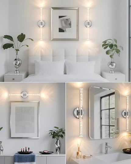 Silver Wall Light LED Battery Operated Wall Sconces(2 Pack), 20-Inch Dimmable Crystal Wall Sconce, Rechargeable Chrome Bubble Wall Lights, Wireless Wall Lamp for Bedroom, Living Room