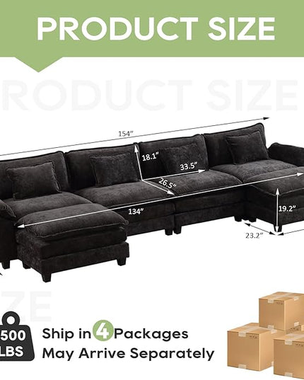 154" Modular Sectional Sofa, Comfy Cloud Couch Sectional Sofa with Ottoman, Chenille Sofa Sleeper Deep Seat Sofa with Throw Pillows for Living Room (Black, 154"- U Shape)