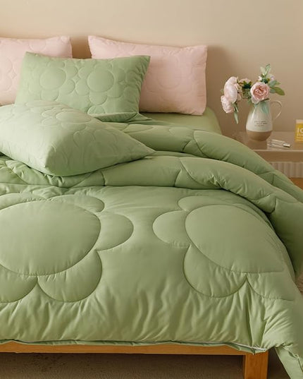 Houseri Sage Green Floral Comforter Set King Sunflower Light Green Fluffy Quilted Comforters King Size Ultra Comfy Bedding Sets Soft Breathable