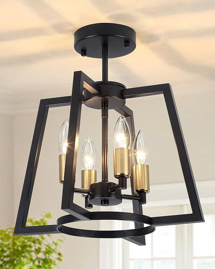 TOULMJ 4-Light Semi Flush Mount Ceiling Light, 14.56" Farmhouse Black Gold Ceiling Light Fixture for Kitchen Island Foyer Hallway Entryway Dining Laundry Room